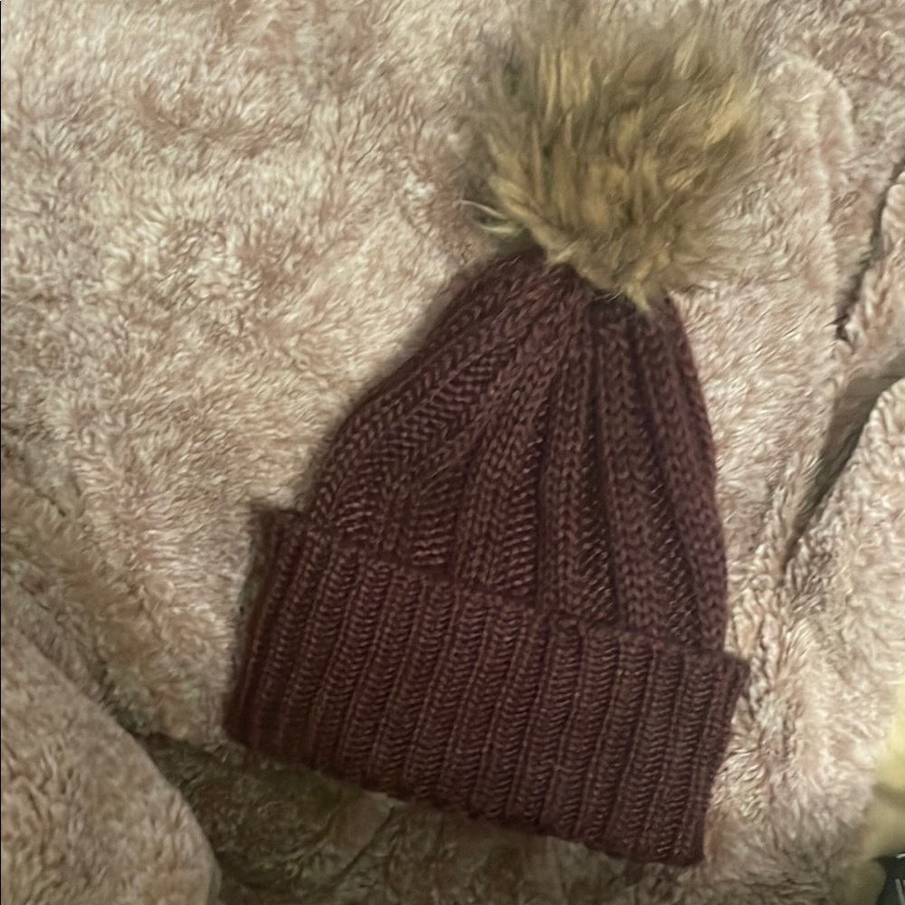 BCBGeneration Brown Knit Hat with Faux Fur Pom